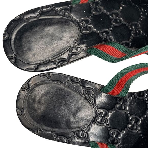 Gucci GG Web Stripe Thong Sandals EU 37.5 US 7.5 Black Flip Flop Slide Flat Heel - Picture 10 of 12